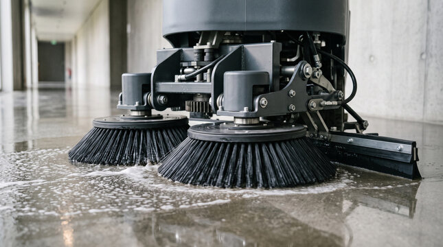 Detailed macro shot of an automated front brush of a floor scrubber actively cleaning and polishing a glossy floor