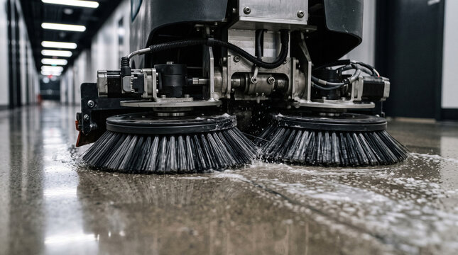 Detailed macro shot of an automated front brush of a floor scrubber actively cleaning and polishing a glossy floor