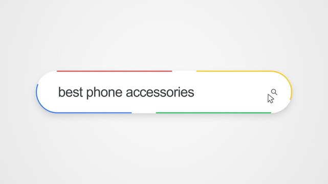 Close-up view of typing "best phone accessories" into an online search bar with a cursor clicking the search icon, illustrating internet search and smartphone accessory research