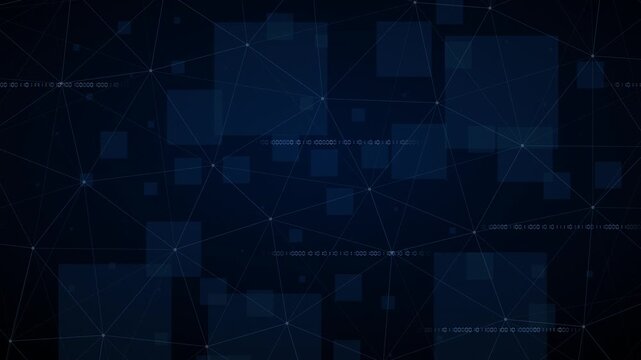 dark blue high tech abstract digital loopable background animation, binary code scrolling, interconnected network lines and floating geometric shapes for modern technology presentations