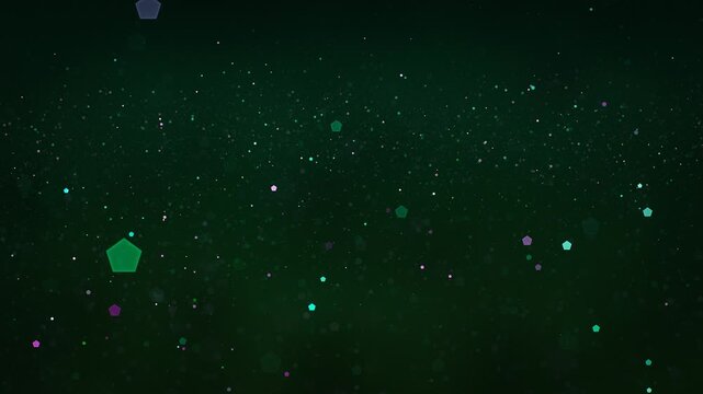 abstract dark green background shimmers with slow motion floating particles and geometric bokeh pentagons in various hues, futuristic and dynamic digital atmosphere