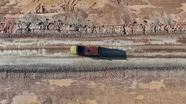 Aerial view shows a truck driving on a salt flat. Earthy colors cover the landscape