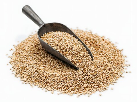 Golden grains pouring from stainless steel scoop onto white background for food packaging and agriculture