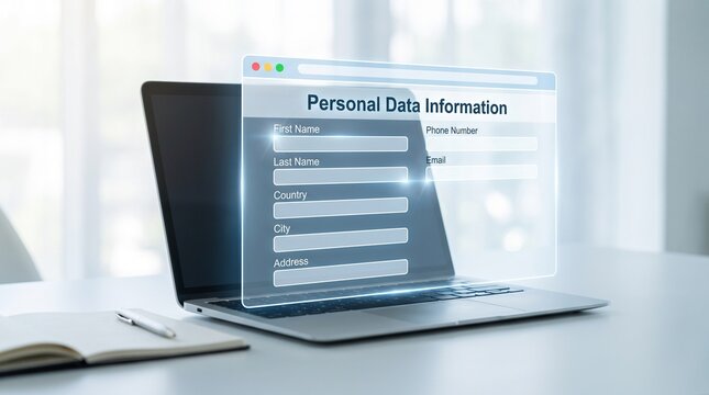 Laptop with holographic digital form interface displaying personal data information fields on desk