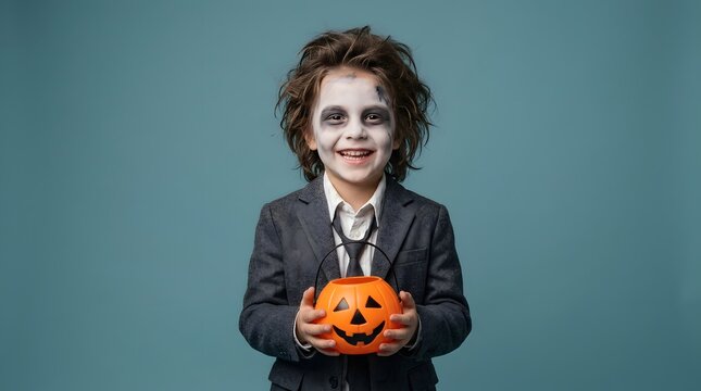 A charming young child dressed as a spooky yet adorable halloween zombie holding a glowing jack o' lantern with glee