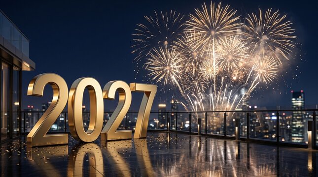 Happy New Year 2027 celebration with giant golden numbers and spectacular fireworks overlooking modern city skyline from luxury rooftop terrace at night