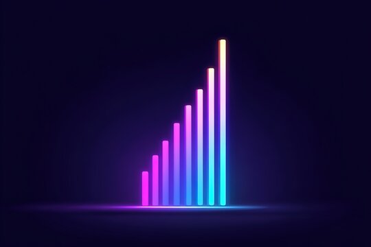 Abstract neon bar chart showing growth with pink and blue glowing light lines on dark background