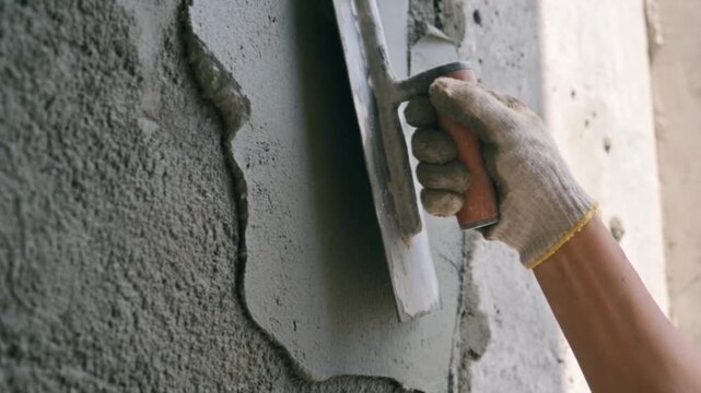 Close up of a construction worker hand plastering a cement wall with a trowel