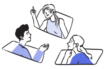 Fototapete Sportgeschäft Video conference call. Group of people talk with colleague, partners or team members. Online meeting or education webinar. Employees discuss project presentation or planning work or strategy at meet.  © KPstudio
