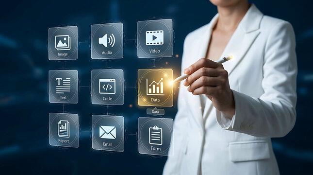 Business professional managing multi media digital content and data management system