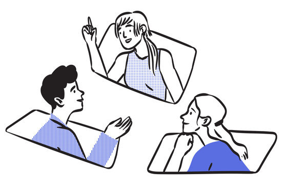 Video conference call. Group of people talk with colleague, partners or team members. Online meeting or education webinar. Employees discuss project presentation or planning work or strategy at meet.