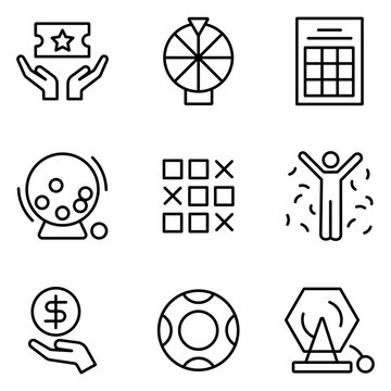 Lottery and gambling line icons set, 9 vector symbols for raffle and sweepstakes, betting and casino gaming elements