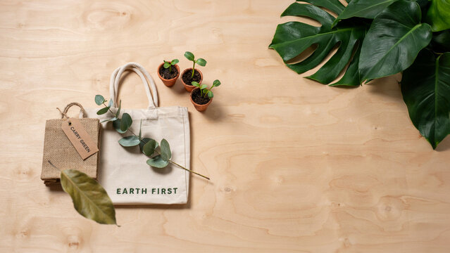 Eco friendly canvas shopping tote bag mockup displayed on wooden surface with potted seedlings and tropical leaves shopping sustainable environment