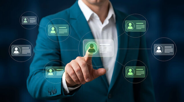Businessman managing human resources candidate profiles and team network online
