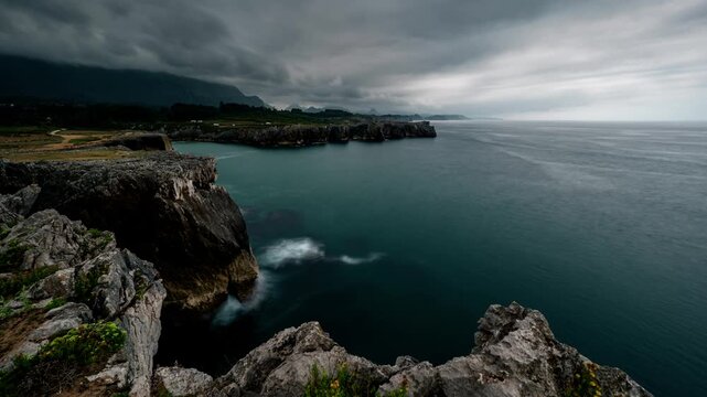 Time-lapse of the Bufones de Pr&iacute;a in Asturias, showing the Cantabrian Sea, limestone cliffs and the rugged landscape of the Asturian coast