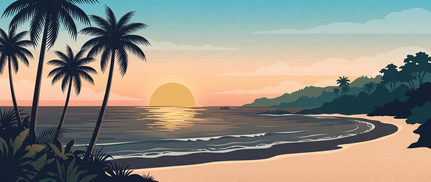 Tropical beach scene with palm trees and sunset is a vector illustration