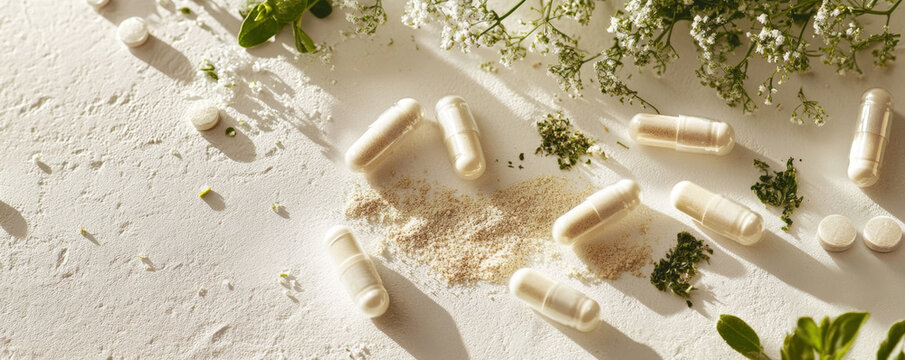 Herbal Capsules with Natural Ingredients on Neutral Background