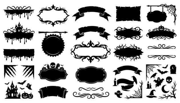 Halloween vintage frame and banner collection with ornate borders, decorative flourishes, distressed labels, spooky motifs and seasonal design elements