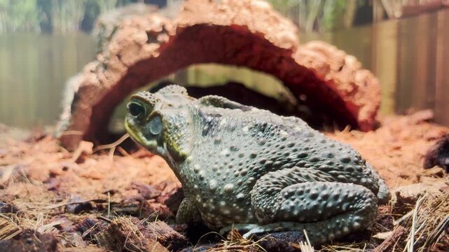 A large toad rests calmly on wood chips inside an enclosure at the Leningrad Zoo in Saint Petersburg. This peaceful scene inspires a feeling of quiet wonder and gentle fascination.