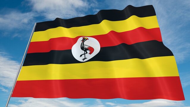 Uganda Flag Waving on Blue Sky Background