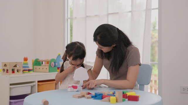 Mother Daughter Craft Colorful Wooden Toy Activity at Home, Family Learning With Child Puzzle Play, Creative Educational Moment, Warm Affection, Joyful Focus and Gentle Sharing