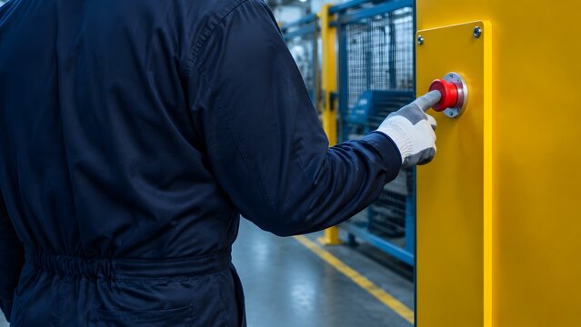 Industrial worker in blue uniform pressing a red emergency stop button on a yellow panel in a manufacturing plant