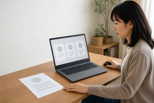 Japanese woman reviewing applicant information on laptop while working from home