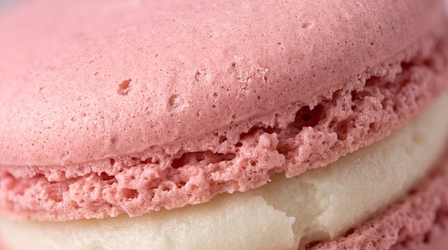 Macro Close Up of Pink French Macaron Cookie with Cream Filling