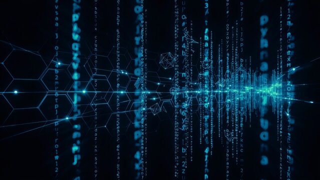 Blue digital data stream with hexagonal network patterns and glowing binary code