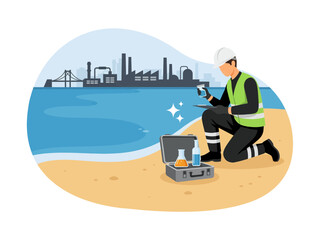 Fototapeta premium Scientist testing water quality on a beach near a factory isolated on transparent background, Vector, illustration