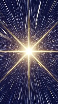 A bright golden light burst with star streaks in deep space
