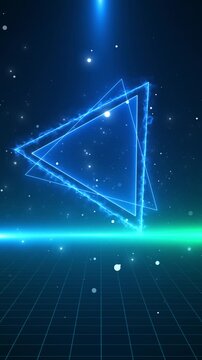 Futuristic energy triangle virtual space filled dust, grid lines, blue laser beams. metaverse promos, electronic music, artificial intelligence, blockchain videos, logo reveals, cyber backgrounds.