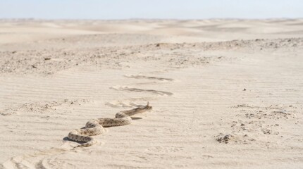 Fototapeta premium Desert horned viper slithers across sandy dunes leaving a winding trail