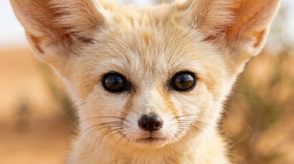 Naklejka premium Close-up portrait of a fennec fox with large ears and dark eyes in the desert