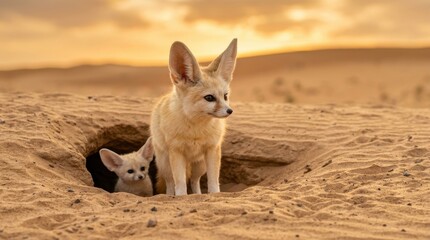 Naklejka premium Two adorable fennec foxes emerge from their desert burrow at sunset
