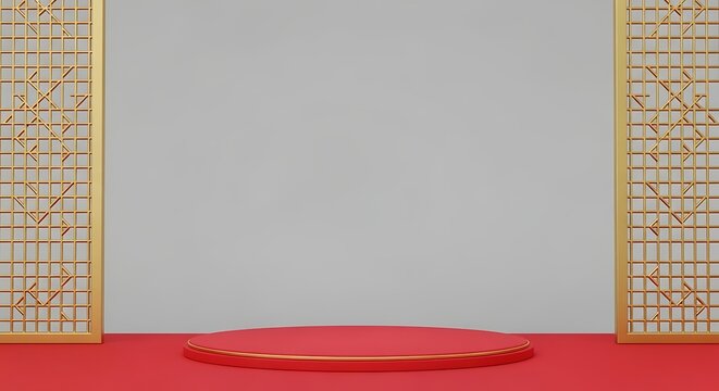 Red podium with decorative screens and grey background for product display.