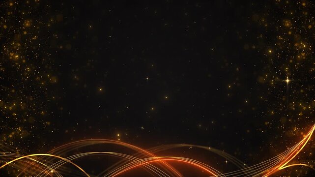 Golden particles, bokeh stars flowing light waves frame a deep black elegant luxury awards, weddings, festive events, invitations, titles, presentations and premium celebration backgrounds.