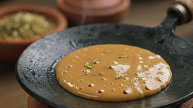 Traditional Indian pancake cooking on cast iron tawa. Authentic rustic breakfast preparation. Golden batter with cardamom seeds on hot griddle.