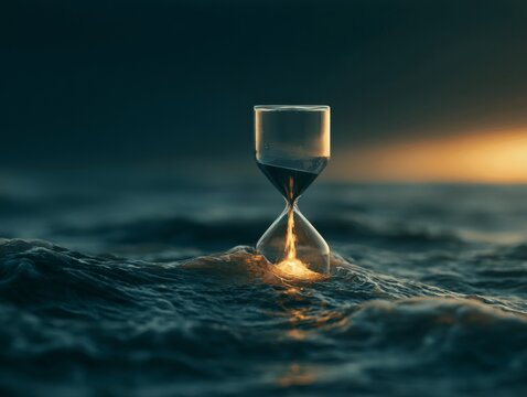 Transparent glass hourglass submerged in ocean waves at dusk, glowing sand flowing upward instead of down, symbolic surreal concept of reversed time and transformation. 