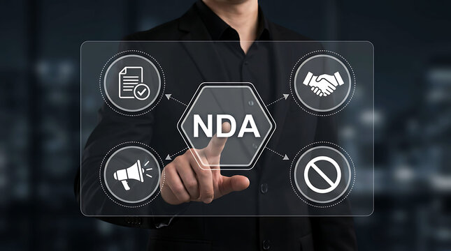 Businessman pointing at NDA non disclosure agreement virtual screen icon concept