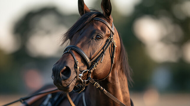 Portrait of a standardbred racehorse in full harness gear standing calmly beside its sulky in a paddock, soft natural lighting, detailed texture of leather straps, copy space
