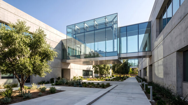 Concrete office building with a glass skybridge connecting two wings, surrounded by landscaped courtyards and green trees under a clear blue sky
