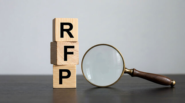 RFP request for proposal wooden blocks with magnifying glass business concept