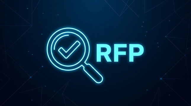 RFP request for proposal glowing magnifying glass icon with checkmark concept