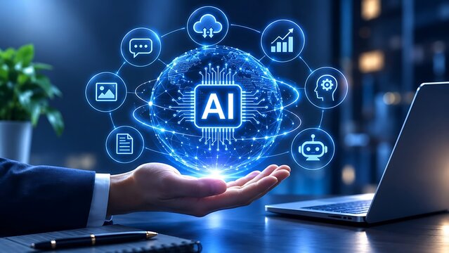 Hand holding holographic artificial intelligence globe with floating icons representing machine learning capabilities and automated business solutions