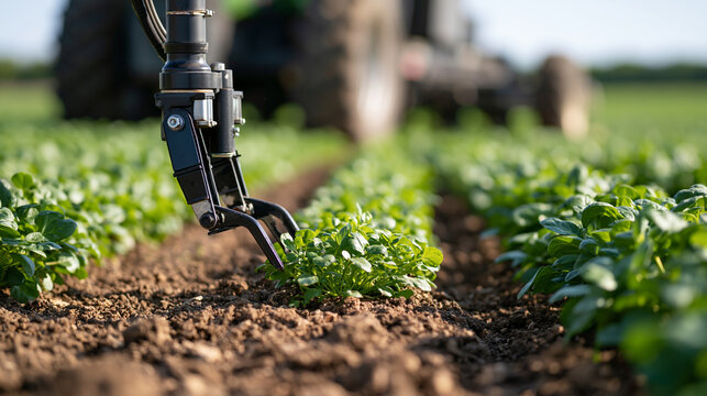 Close-up of mechanical weeding arms on a solar-powered field robot working between crop rows, precise metal claws, soil texture detail, copy space