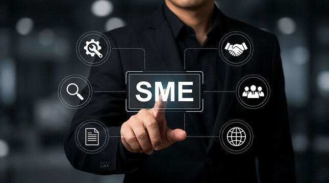 Businessman pointing at SME small medium enterprise technology network icons