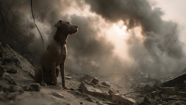 Resilient dog sitting amidst a desolate, post-apocalyptic landscape with heavy smoke and debris, symbolizing survival and hardship.