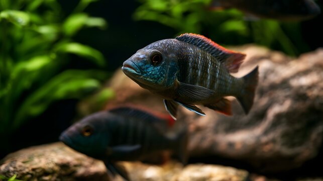 A vibrant cichlid fish swims gracefully near rocks and lush green plants in a well lit aquarium environment