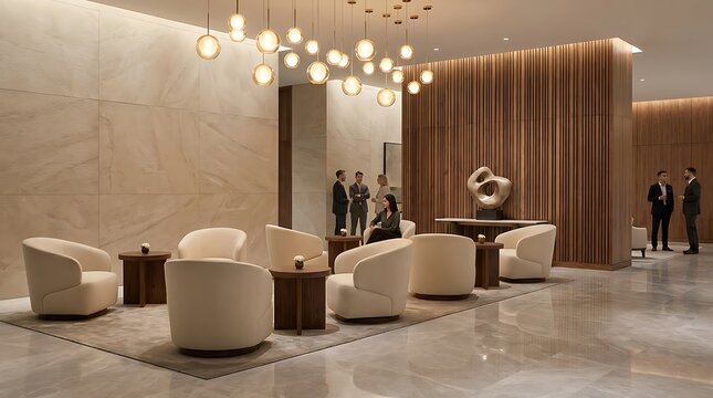 Modern hotel lobby interior with comfortable armchairs and warm decorative lighting in a luxury business building